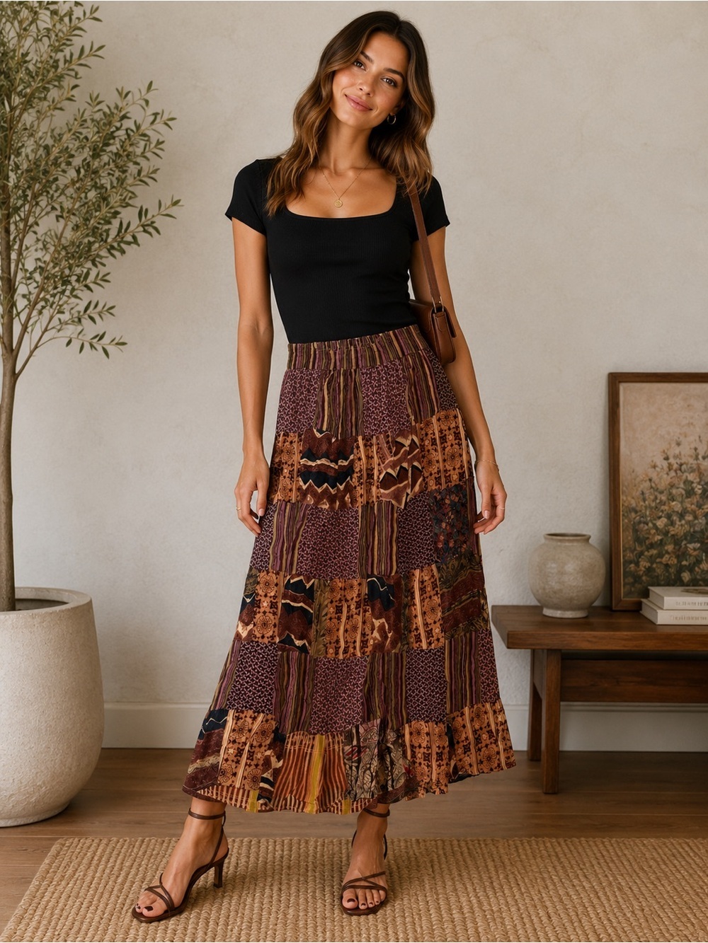 Boho Vintage Patchwork Maxi Skirt - Brown Multi